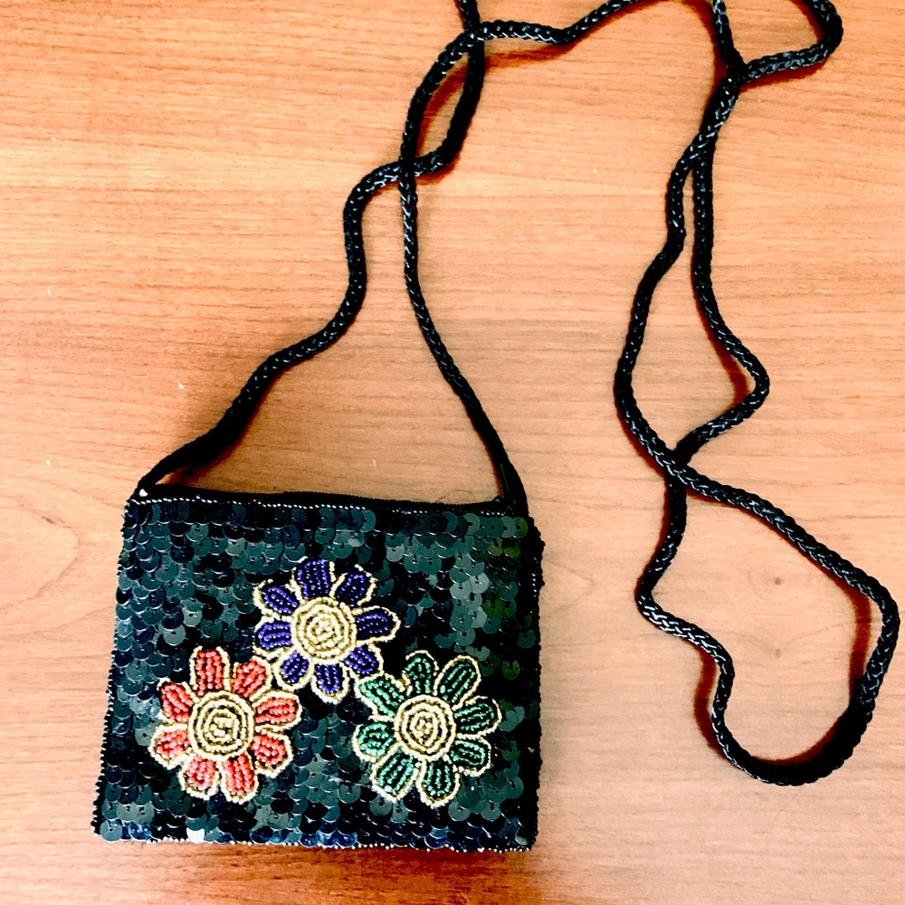 Cute little black card coin purse shiny black beadings long cross body strap